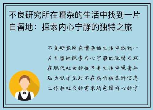 不良研究所在嘈杂的生活中找到一片自留地：探索内心宁静的独特之旅